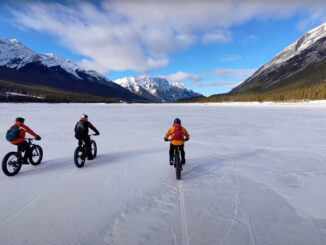fatbikes on spray lakes reservoir