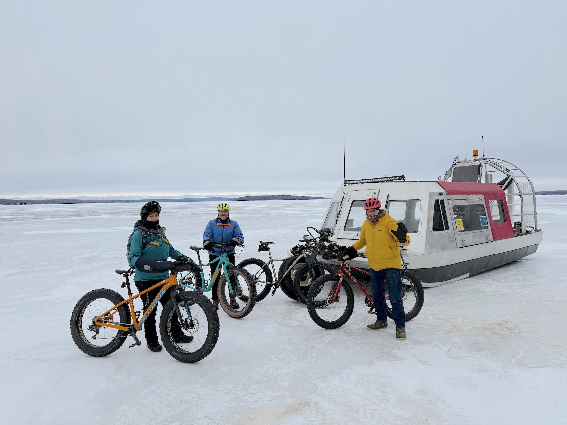 four fat bikers by the ice road air boat ferry